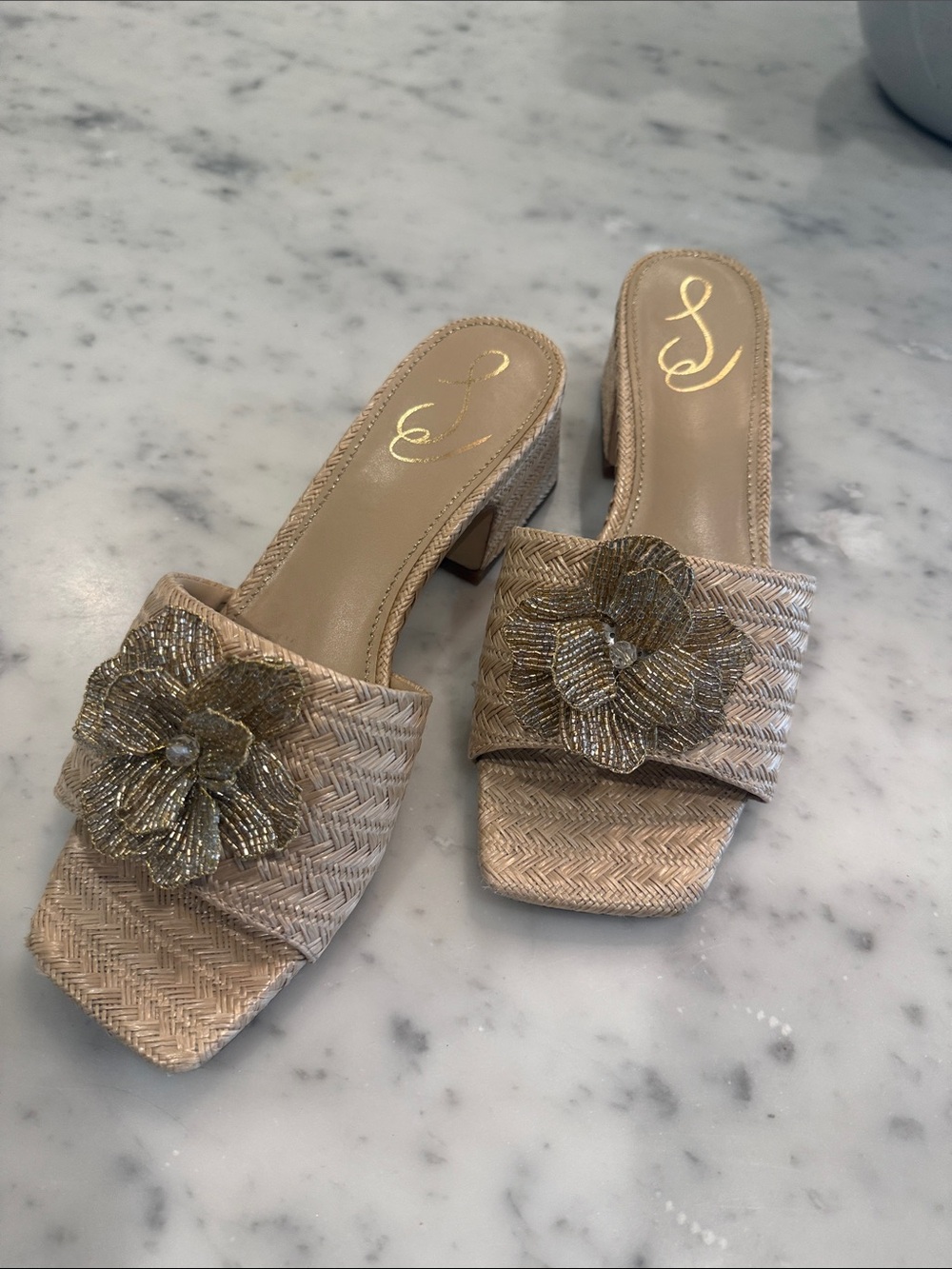 Beaded Floral Woven raffia Slide Sandals - Nude/Gold